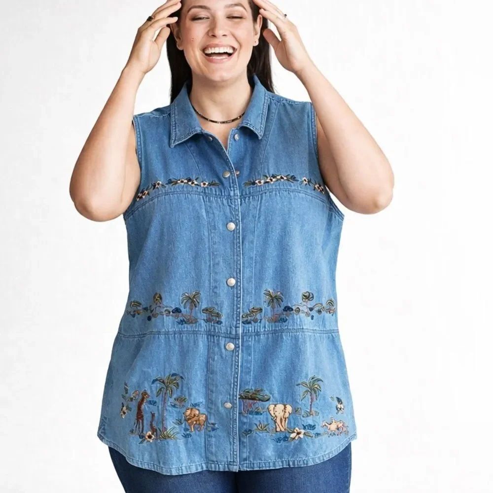 Casey & Max Sleeveless Chambray Embroidered Top Size XL